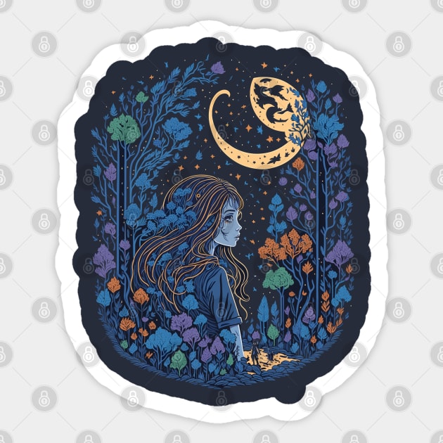 Cute Girl in the Woods at Night Time Sticker by ElMass